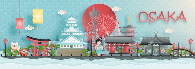 Osaka landmarks of Japan in paper cut style