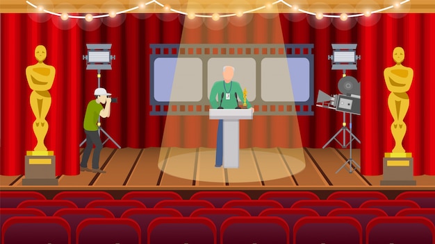 Вектор Оскар американская церемония награждение иллюстрации зал подготовки повторения. один человек со значком стоит на сцене в центре внимания, второй снимает фото на камеру.