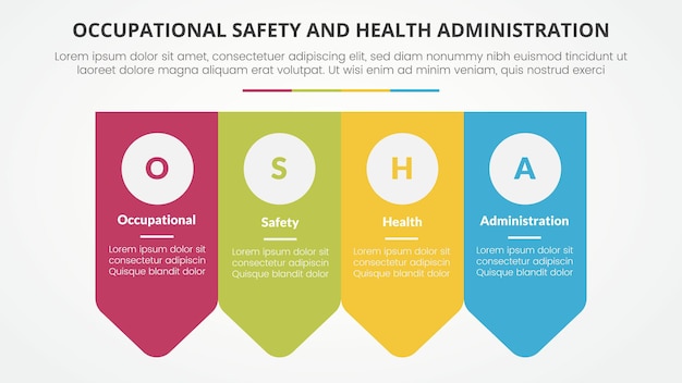 osha The Occupational Safety and Health Administration template infographic concept for slide presentation with arrow badge shape bottom direction 4 point list with flat style vector