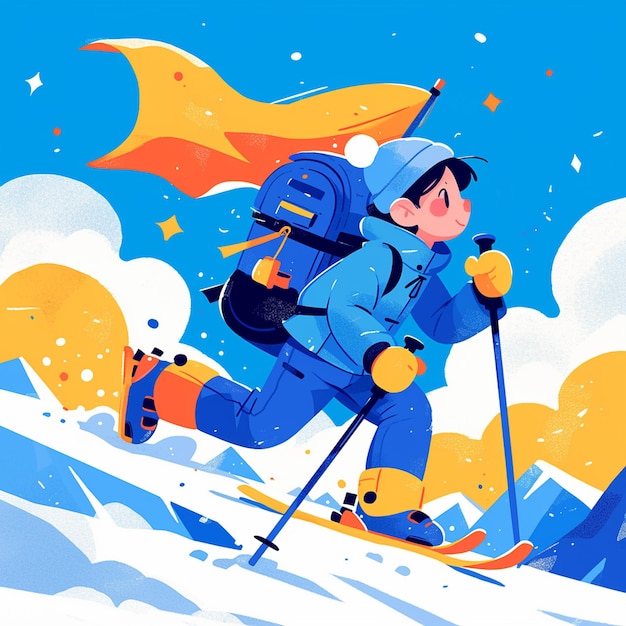 A oslo boy goes crosscountry skiing in cartoon style