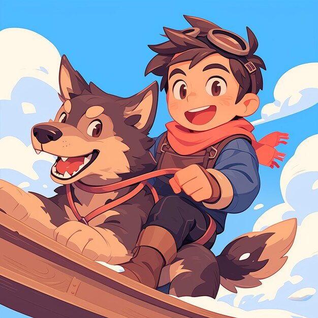 Vector a oslo boy goes dog sledding in cartoon style