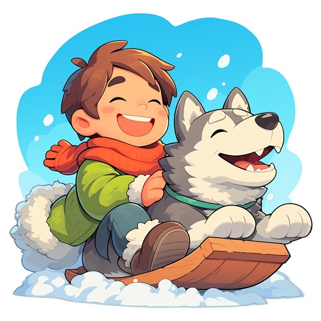 Vector a oslo boy goes dog sledding in cartoon style