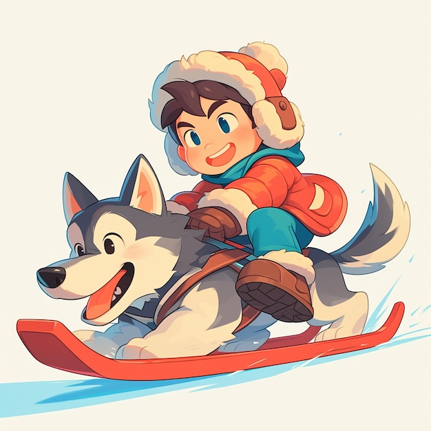 Vector a oslo boy goes dog sledding in cartoon style