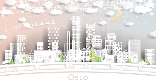 눈송이, 달, 네온 화환이 있는 종이 컷 스타일의 오슬로 노르웨이 도시 스카이라인. 삽화