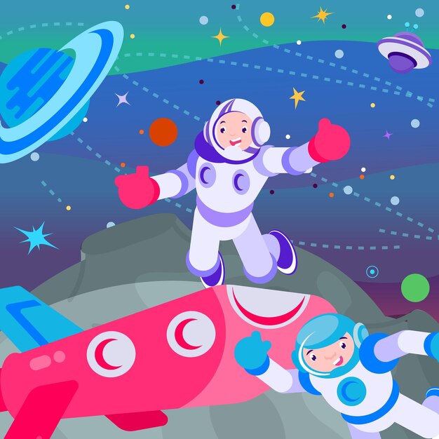 宇宙空間のオスモノート、ベクトルイラスト。漫画の宇宙飛行士の男のキャラクターが銀河、宇宙、ヘルメットの宇宙飛行士が探検のために飛ぶ