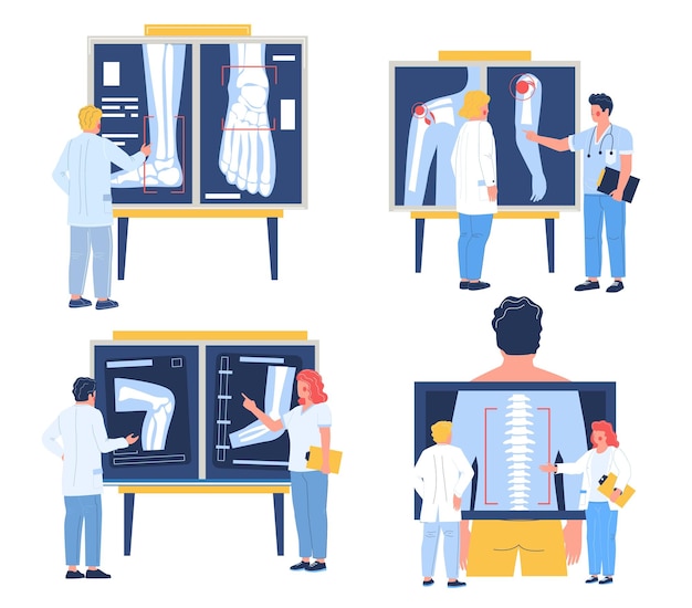 Vettore osteopata che esamina le immagini dei raggi x delle articolazioni del paziente ossa della colonna vertebrale illustrazione vettoriale piatta osteoartrite osteoporosi