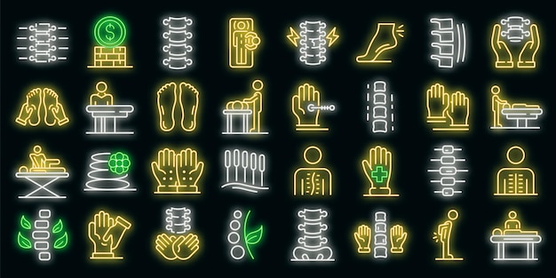 Osteopathie pictogrammen instellen. Overzicht set van osteopathie vector iconen neon kleur op zwart