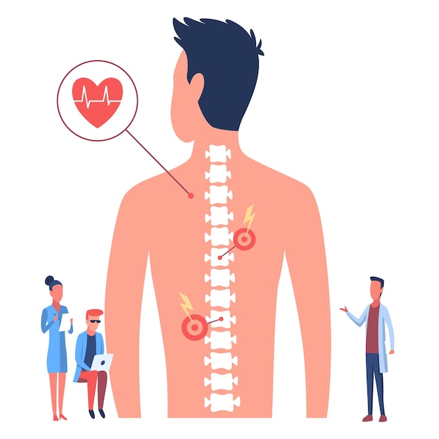 Osteopathie rugpijn behandeling patiënt man die achteruit staat artsen kijken naar haar ruggengraat platte vectorillustratie ziektediagnose botgezondheid