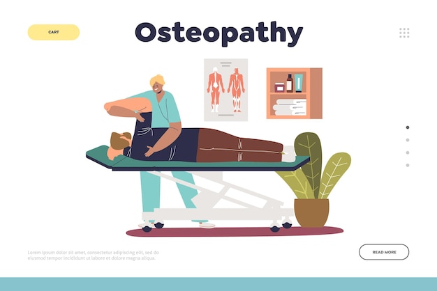 Concetto di osteopatia della pagina di destinazione con il paziente al massaggio riabilitativo presso i chiropratici