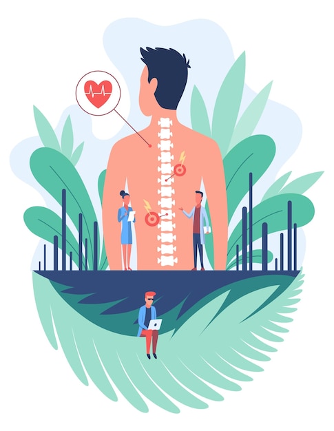osteopathy spine pain treatment patient male standing back doctors looking at her spine flat vector illustration disease diagnosis bone health
