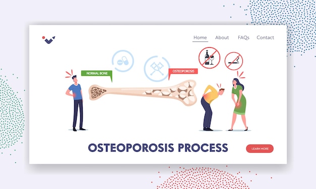 골다공증 과정 랜딩 페이지 템플릿. 정상 및 건강에 해로운 구조를 가진 거대한 뼈 단면 근처에 뼈 질환이 있는 작은 남성 및 여성 캐릭터. 만화 사람들 벡터 일러스트 레이 션