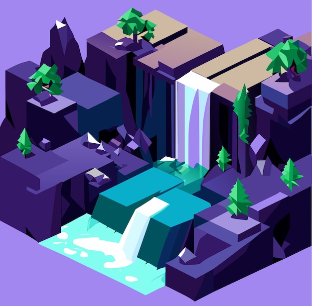 Vector otherworldly waterfall among purple rocks isometric view