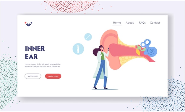 耳炎、痛みまたは耳鳴りの病気の治療のランディングページテンプレート。楽器チェックの小さな医者オーディオロジスト巨大な病気の耳、耳鼻咽喉科医のキャラクターチェック聴覚。漫画のベクトル図