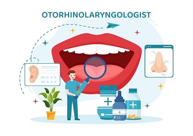 Иллюстрация оториноларинголога с медицинскими шаблонами уха, носа и горла