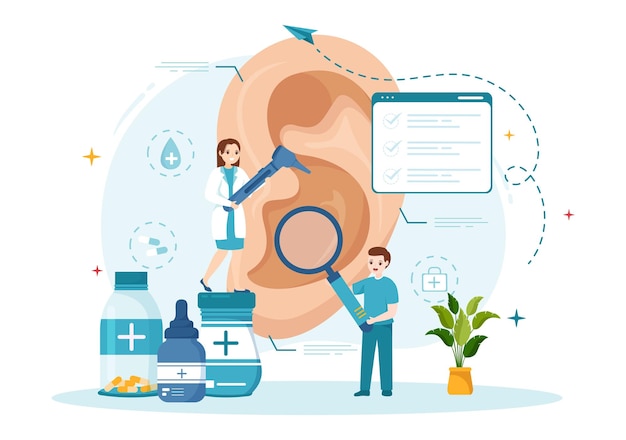 Vector otorhinolaryngologist illustration with medical relating to the ear nose and throat templates