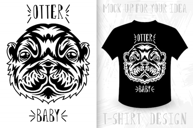 Vector otter face.  t-shirt print in vintage monochrome style.