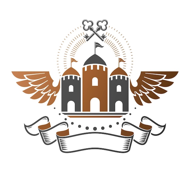 Oud Citadel-embleem. Heraldische vector ontwerpelement. Retro-stijl label, heraldiek logo. Sierlijke logo op geïsoleerde witte achtergrond.