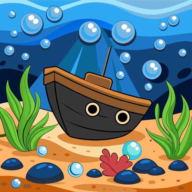Oud gebroken schip onder zee met de hand getekend cartoon personage sticker icoon concept geïsoleerde illustratie
