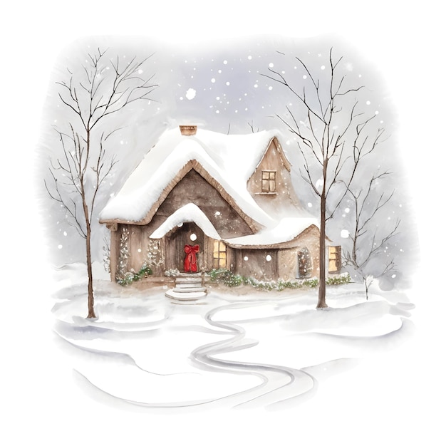 Oud huis in vintage stijl onder de sneeuw Kerstmis aquarel vectorillustratie Nieuwjaar wenskaart met een dorpshuis print Vector illustratie