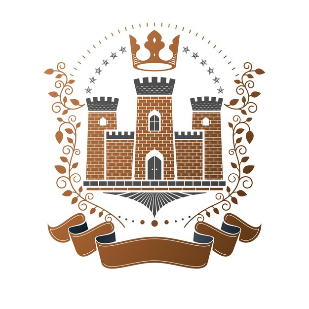 Oud kasteel embleem. heraldische wapenschild decoratieve logo geïsoleerde vectorillustratie. antieke logo in oude stijl op witte achtergrond.