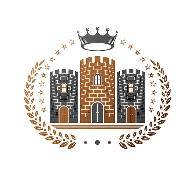 Oud kasteel embleem. Heraldische wapenschild decoratieve logo geïsoleerde vectorillustratie. Retro logo in oude stijl op witte achtergrond.