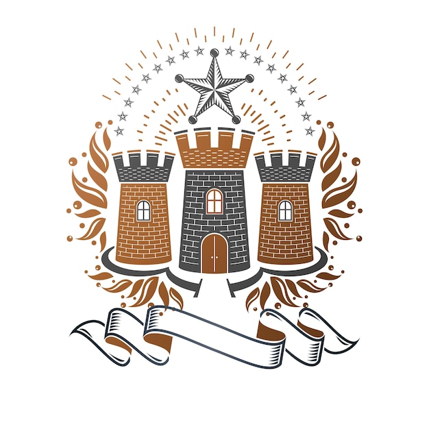 Oud kasteel embleem. Heraldische wapenschild decoratieve logo geïsoleerde vectorillustratie. Sierlijke logo in oude stijl op witte achtergrond.