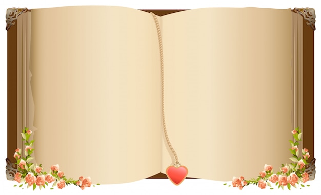 Vector oud open boek met bladwijzer in hartvorm