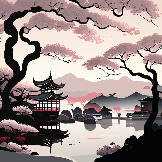 Vector oud porseleindorp met sakuraboom op zonsondergang en wolken gedetailleerd in eeuw