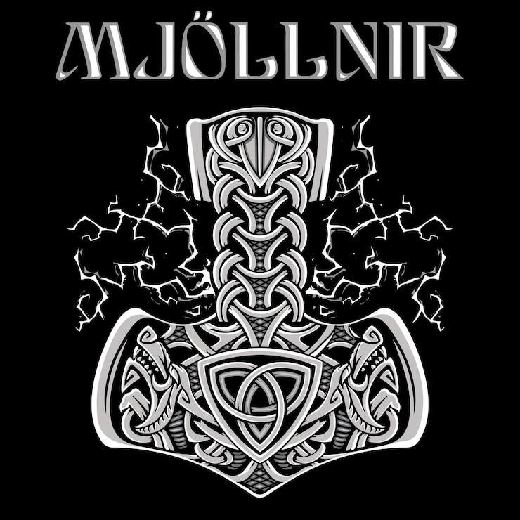 Vector oud scandinavisch ontwerp thors hamer mjolnir met wolfskoppen bliksem en een kelten scandinavisch