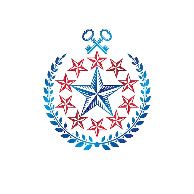 Oud vijfhoekig sterembleem versierd met sleutels en lauwerkrans, veiligheidsthema. Heraldische vector ontwerpelement, bewaker symbool. Retro-stijl label, heraldiek logo.