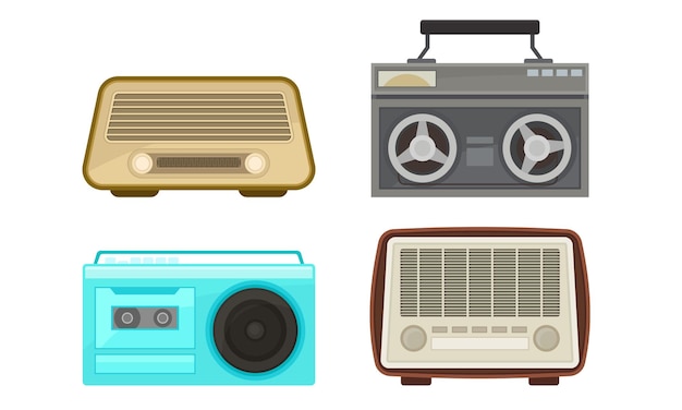 Vector oude analoge radio en cassette speler collectie vintage verouderde digitale handheld apparaten vector