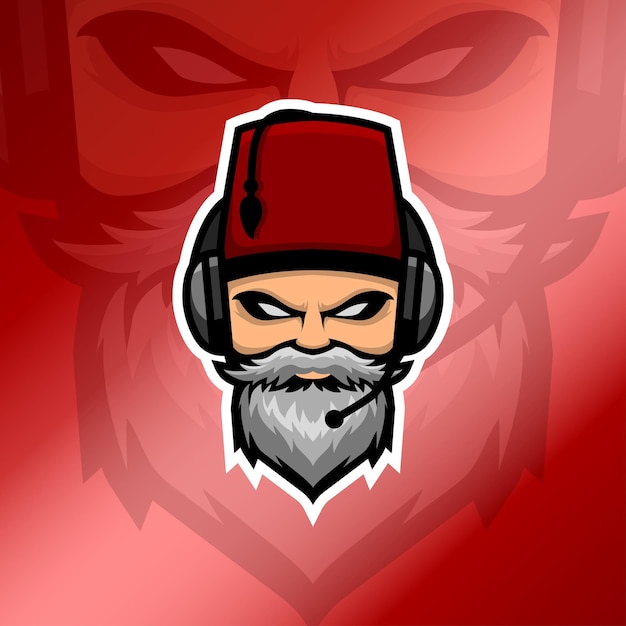 Oude baard man Esport-logo met hoofdtelefoon en rode fez-hoed op de glanzende rode achtergrond met kleurovergang