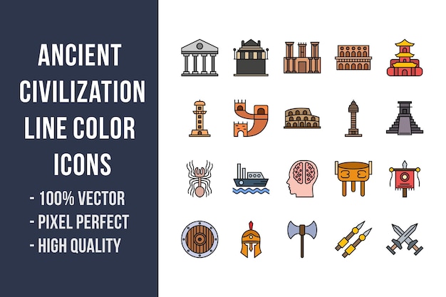 Oude Beschaving Lijn Kleur Pictogrammen