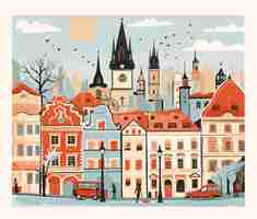 Vector oude binnenstad van praag, tsjechië vectorillustratie in vlakke stijl