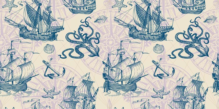 Oude caravel, vintage zeilboot. Hand getekende vector schets. Vector naadloos patroon