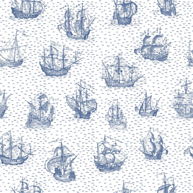 Oude caravel vintage zeilboot Hand getrokken vector schets Vector naadloze patroon