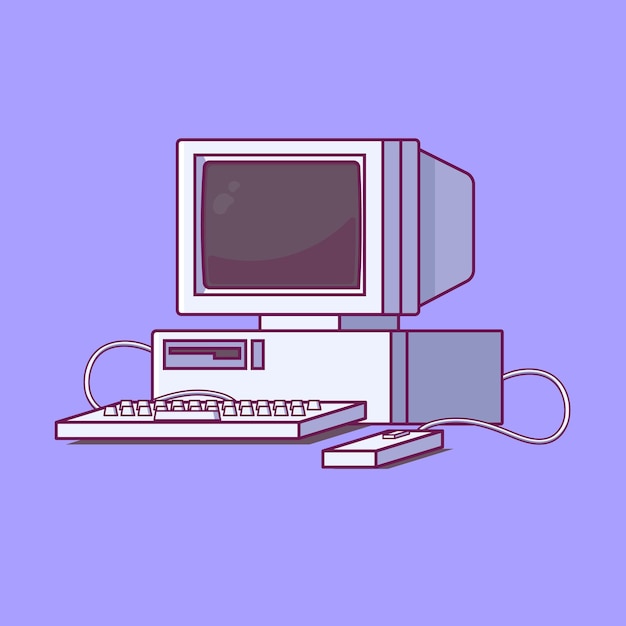 Oude computer met muis en toetsenbord platte vectorillustratie