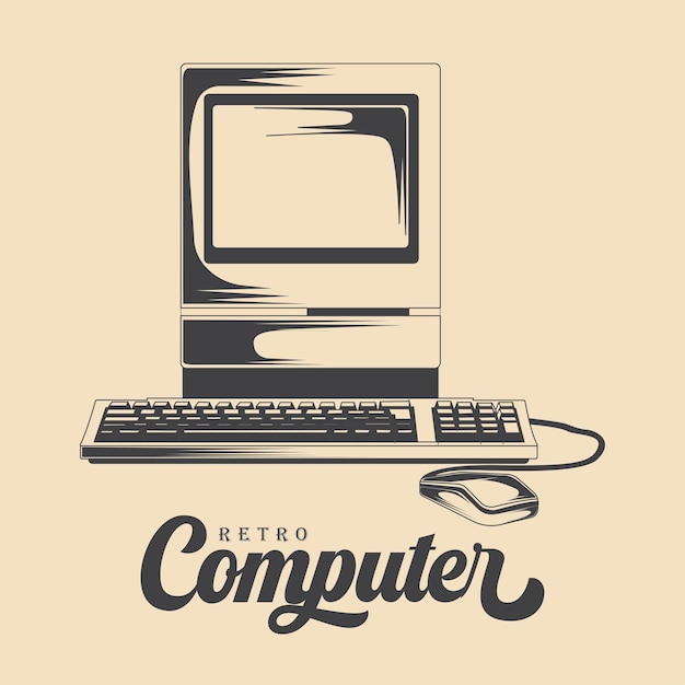 Oude computer met muis en toetsenbord vectorillustratie