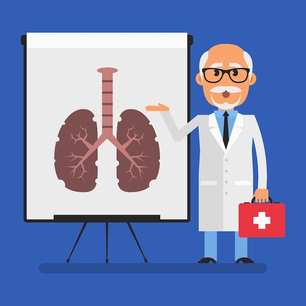 Oude dokter wijst naar flip-over met afbeelding zieke longen