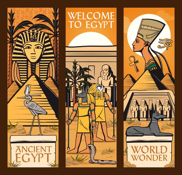 Oude egypte banners. grote piramides, goden