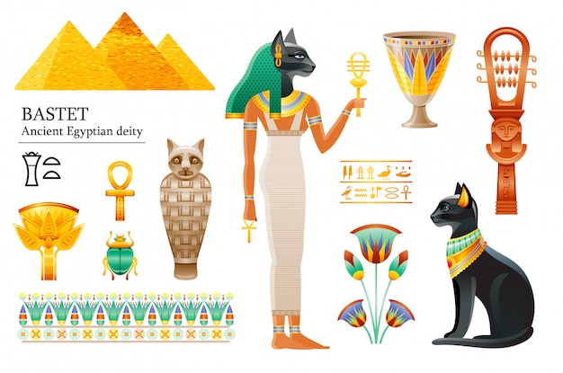 Oude egyptische godin bastet icon set. cat godheid, beker, bloem, mummie, sistrum.