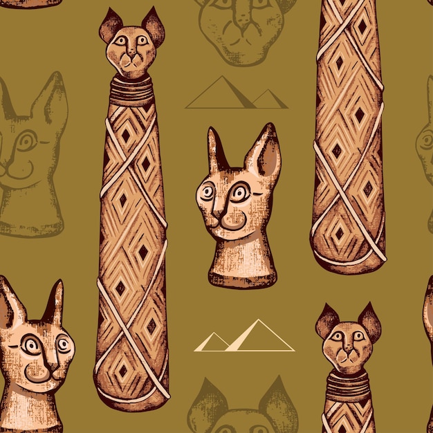 Oude Egyptische mummie van een katten Vector naadloos patroon Handgetekende illustratie