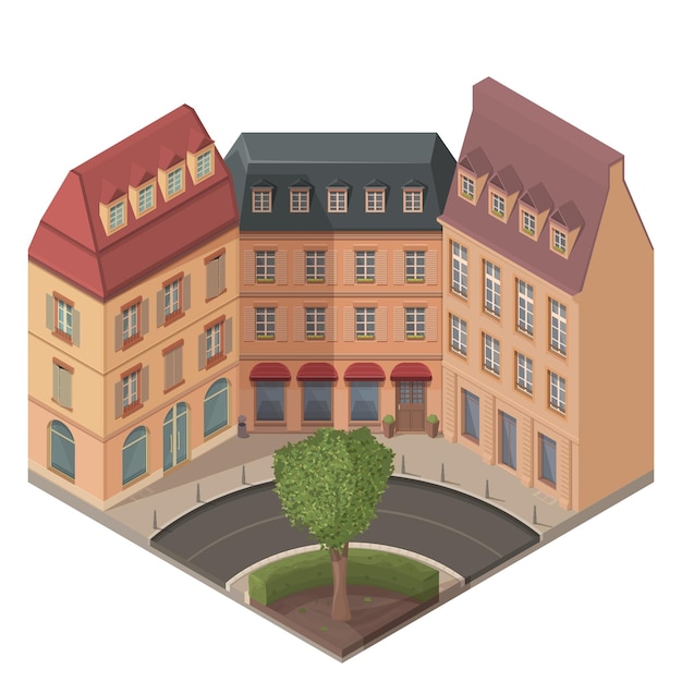 Oude europese straat met huizen en lantaarns, vectorillustratie