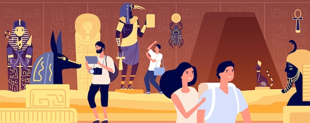 Oude graf. Ondergrondse Egyptische begrafenis, piramidekamer voor toeristen. Farao sarcofaag, Egypte goden beeldhouwkunst volslagen vectorillustratie. Egyptisch museuminterieur met reizigers