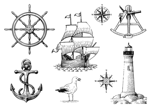 Oude gravure stijl illustratie van stuurwiel anker zeemeeuw kompas roos schip vuurtoren
