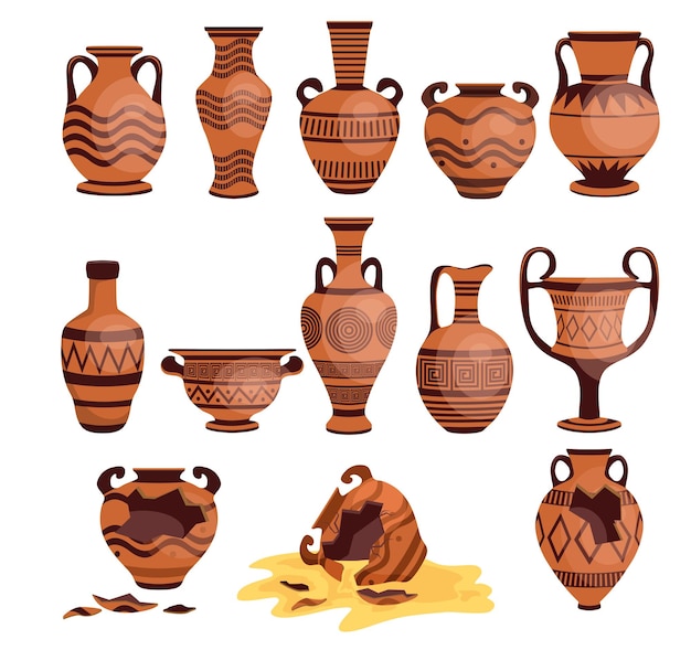 oude Griekse vazen set Logo's met Griekse oudheid urnen Beschadigde gebarsten oude Griekse vazen Oud