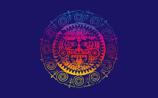 Oude heilige maya zonnegod, azteekse wielkalender, maya symbolen etnisch masker psychedelisch rond teken