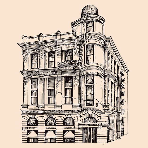 Oude hoek gebouw retro met de hand getekende schets huizen illustratie