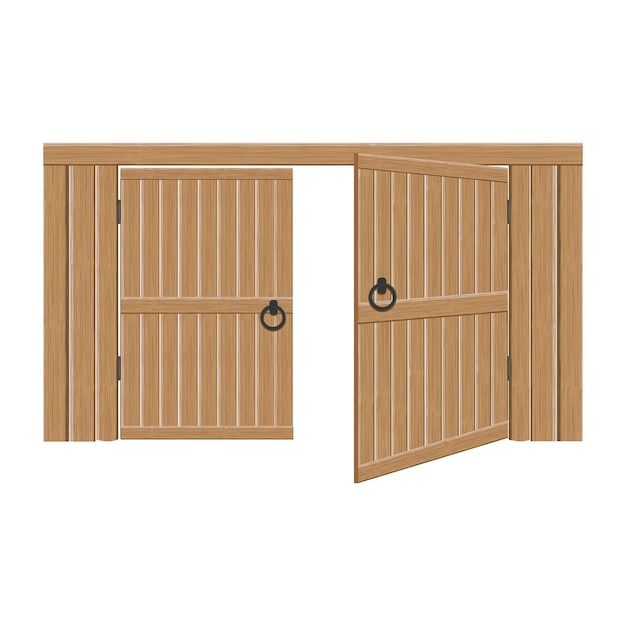 Oude houten massieve open poorten vectorillustratie Dubbele deur met ijzeren handgrepen en scharnieren