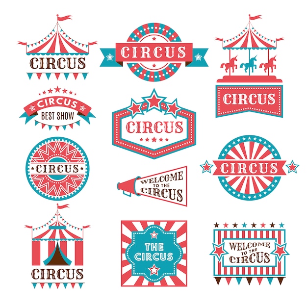 Oude insignes en labels voor carnaval en circus tonen uitnodiging.